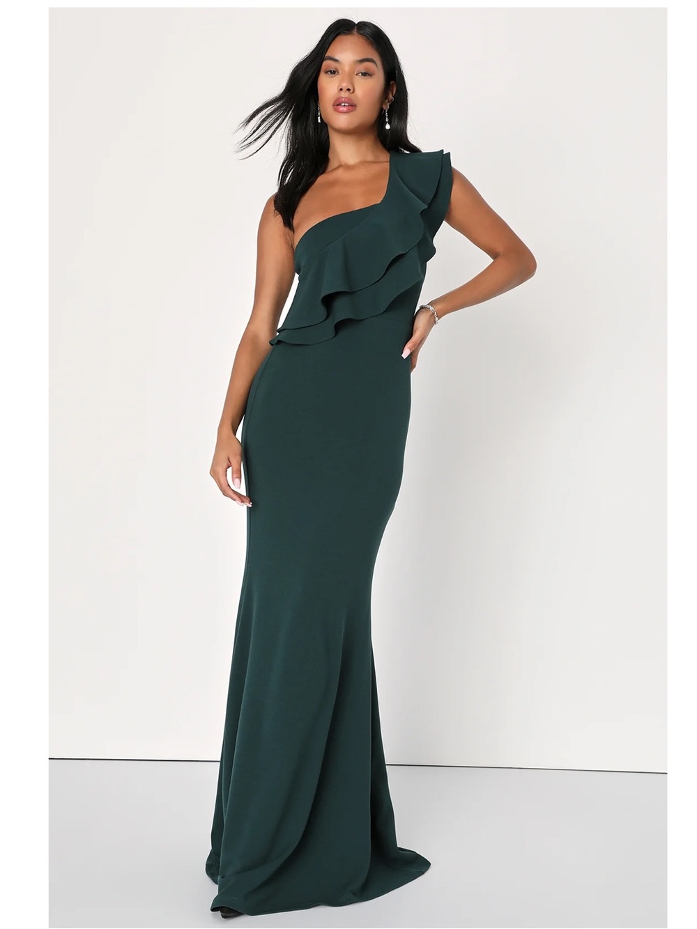 Lulus Grand Beauty Emerald Ruffled One-Shoulder Mermaid Crepe Knit Maxi Dress 3X